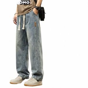 elastische losse rechte jeans heren wijde pijpen denim broek casual broek Koreaanse stijl Sportkleding kleding jeans heren broek A1dr #