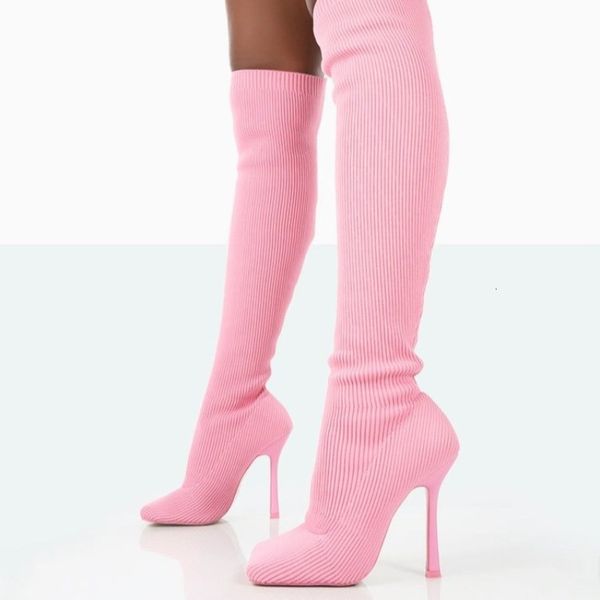 Elastic Pink 746 Knited Knee High Square Head Toe Stiletto Talon Slip on Boots Femme Chaussures d'hiver Robe Sexy Concis