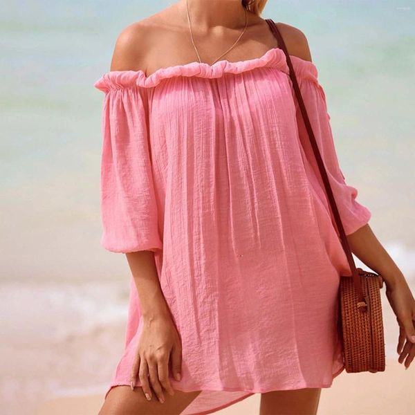 Épaule élastique Robe des femmes sexy Sexe tricot texturé Crochet R superposition Spaghetti Spap Short Beach Cover Up Beachwear