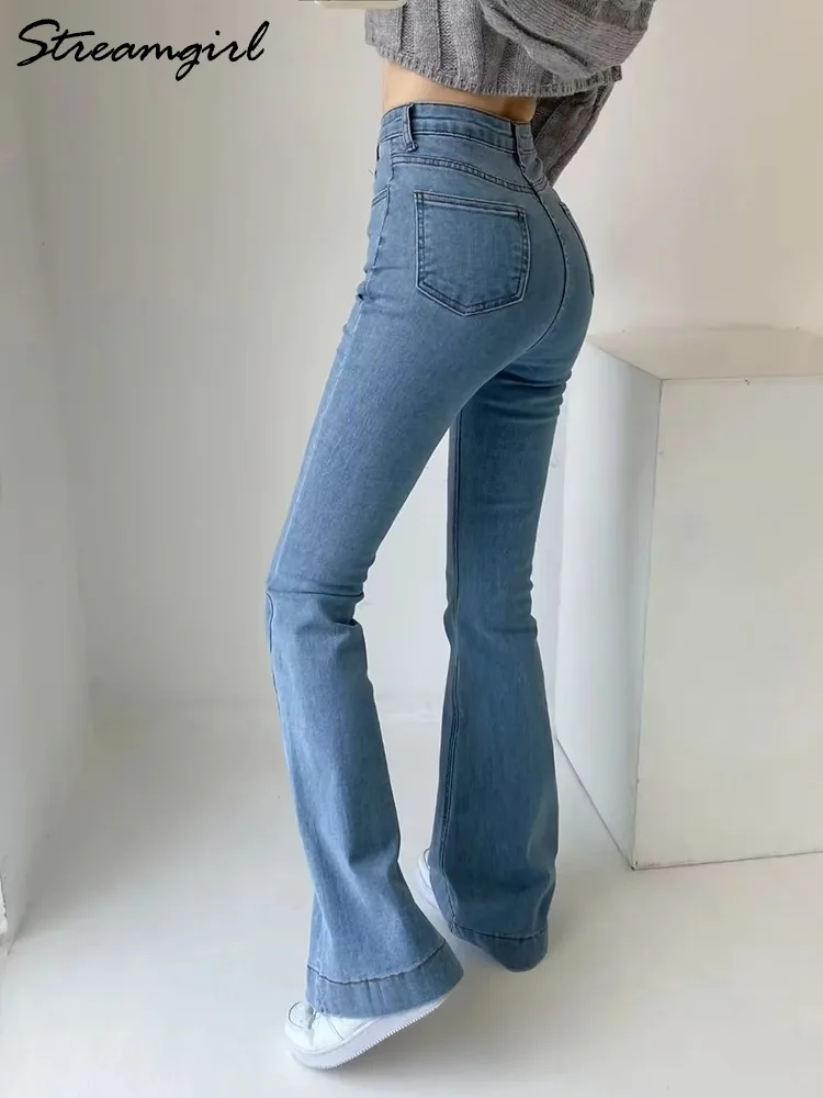 Elastyczne dżinsy na rozciąganie dżinsy kobiety wysokie talia pełne dżinsowe spodnie sorne czarne chude dżinsowe dżinsowe flary nogę niebieskie dżinsy dla kobiet