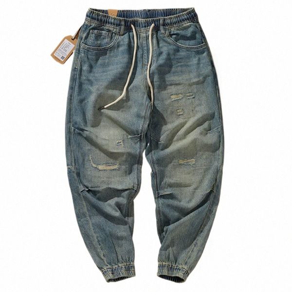Pantalon en denim à taille élastique pour hommes, jean sarouel ample coupe 3D en style rétro léger vintage W a6N1 #