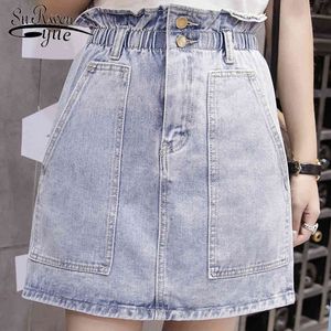 Elastische taille zomer vrouwen denim rok zakken wit hoge taille jeans rokken A-lijn ruches vrouwelijke mini Saia mujer 4656 50 210417