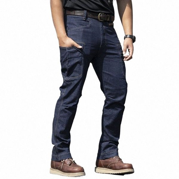 Elasticidad Cargo Jeans Hombres Impermeable Resistente al desgaste Pantalones tácticos Hombres Casual Multi-bolsillos Color sólido Joggers Pantalones para hombre k7vU #