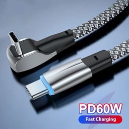 Elleboog USB C naar C Kabel 60W Snel Opladen Draad Datasnoer voor Samsung Huawei Type-C Snel opladen Gevlochten Kabel voor Gaming Koord 1.2/2M