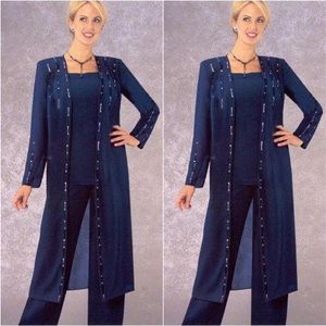 Elegant Grandmother of the Bride Custom Pant Suit with Long Crystal Square Neck Jacket