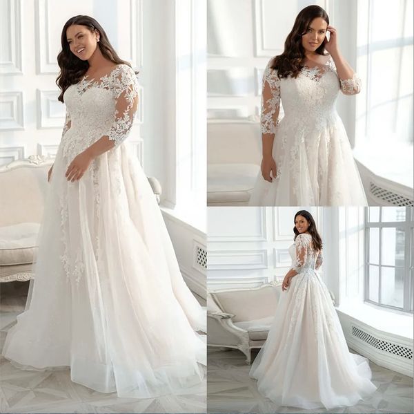 Eleagnt Robe De Mariée Grande Taille Manches 3/4 Une Ligne Tulle Dentelle Applique Robe De Noiva Robes De Mariée Maternité Femmes Modeste Sheer Scoop Neck Robes Mariage