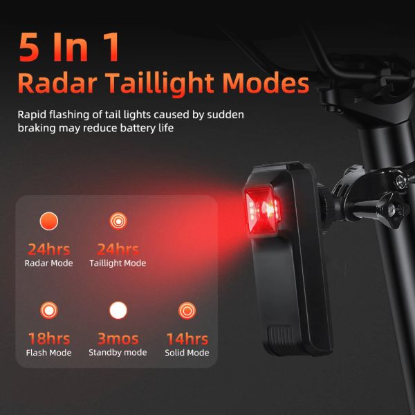 ELECPOW Bicicleta Smart Radar Luz trasera Lámpara trasera segura Monitor de punto ciego IPX6 Lámpara de detección de frenos impermeable 4 Mod de iluminación