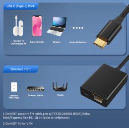 Electop USB Network Carte Ethernet Adaptateur pour Chromecast Google TV Type-C à RJ45 Network for Smartphones Tablets Android Device