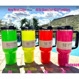 ELECTRICO 40OZ Tumbler amarillo naranja verde blanco Blanco negro H2.0 Tumblers de acero inoxidable tazas de mango de silicona y paja