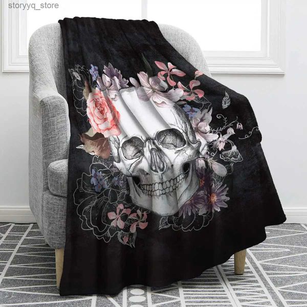 Couverture électrique Couverture de crâne de sucre pour Halloween Crâne Rose Design Squelette Lisse Doux Noir Impression Couverture Cadeaux Canapé Chaise Lit Bureau Q231130