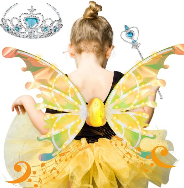 Ailes de fée électriques avec lumières LED, ailes d'ange elfe scintillantes avec baguette magique, couronne de princesse pour enfants, Costumes d'animaux de compagnie