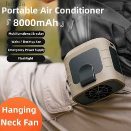 Elektrische Ventilatoren Multifunktionaler Outdoor-Ventilator mit hängendem Hals, tragbarer Camping-Wandersport-USB-Mini-Ventilator mit 8000-mAh-Powerbank und Licht YQ240118