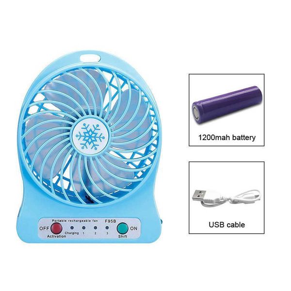 Ventiladores eléctricos Mini ventilador LED portátil Enfriador de aire Funciona con batería Carga USB Modo de escritorio Regulación de velocidad Función de iluminación