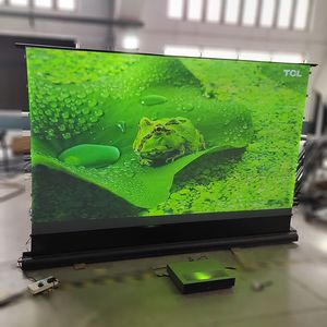 Proyección eléctrica de elevación de suelo UST 4K ALR, pantalla de proyector de prisma en T, pantalla extraíble para proyector láser de tiro ultracorto