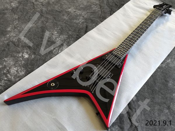Guitarra eléctrica de 6 cuerdas en forma de V, color negro sólido, rojo, forma de cabezal propio con logotipo, tuerca sin ranura, forma personalizada