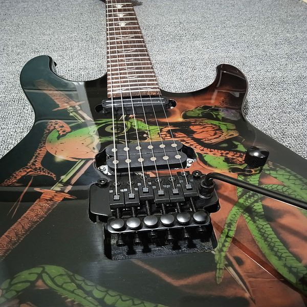 Guitarra eléctrica de 6 cuerdas, guitarras personalizadas, calaveras, serpientes, George Lynch, firma, Floyd Rose, puente trémolo