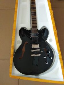 Guitare électrique vintage noire à 6 cordes, corps fin semi-creux, micros HH pour droitier