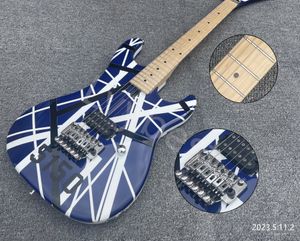 Guitare électrique Bleu solide Couleur de base Bandes blanches et noires Noir Poteau ouvert Micro pont simple Floyd Rose Style Tremolo Mapl