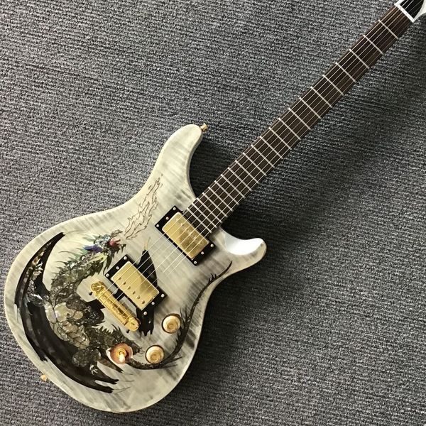 Guitarra eléctrica Tapa de arce flameado Pastillas HH Herrajes dorados Impresión de cuerpo de dragón