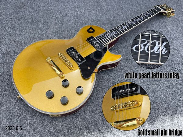 Guitare électrique avec dessus doré P90, Pickups en forme de savon noir, dos marron, pièces dorées, incrustation de perles blanches