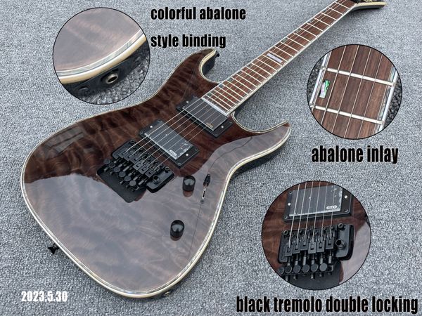 Guitarra eléctrica Guilt Flame Top See Thru Grey Top Solid Black Back Floyd Rose Style Black Tremolo Abalone Binding and Inlay Set