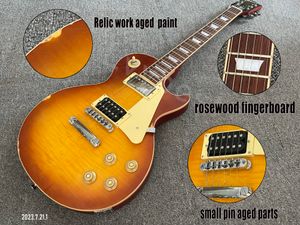 Guitare électrique Jimmy Page, modèle Relic Honey Burst, peinture et pièces vieillies, petit pont à broches, écrou en os, dessus riche en flammes
