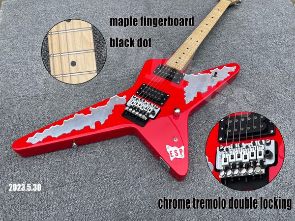 Guitare électrique couleur rouge miroir Pickguard manche et touche en érable points noirs incrustation pièces chromées trémolo Double verrouillage