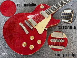 Guitare électrique couleur métallique rouge HH Mini pick-up avec anneaux de ramassage P90 pont SmallPin Logo personnalisé et doigt de vraie perle