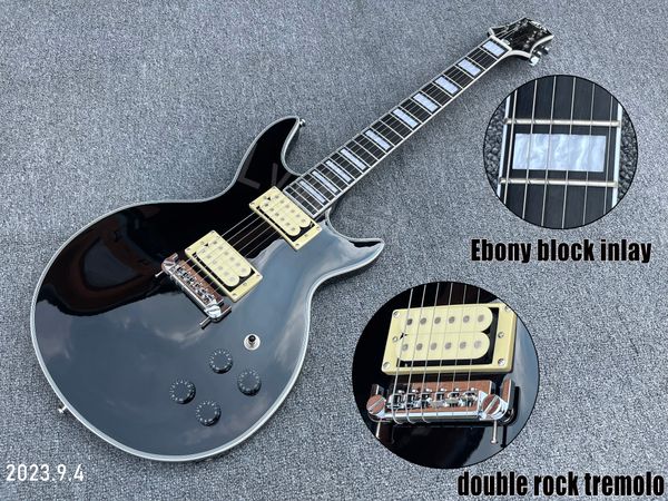 Guitare électrique, pièces chromées noires solides, micros à pôle ouvert crème, pont et queue, une pièce en ébène avec incrustation de bloc