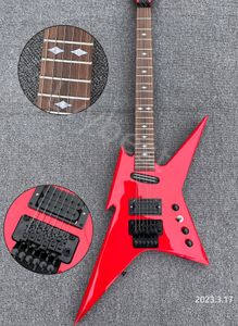 Guitarra eléctrica Sólido Rojo Alto Brillo Piezas Blach Estilo Floyd Rose Trmeolo Diapasón de palisandro Incrustación de diamante Cabezal invertido