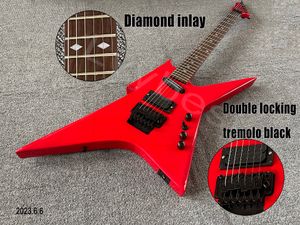 Guitare électrique couleur rouge forme de tête inversée corps droit micros SH pièces noires avec trémolo à Double verrouillage