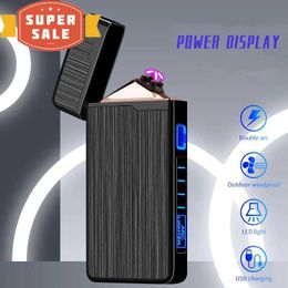 Electric Lighter Dual Arc a prueba de viento en llamas con pantalla LED Potencia USB Touch Metal Plasma Portable Hombres Regalo