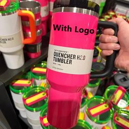 Elektrische neon Wit roze geel groen rood Quencher H2.0 Tumblers 40 oz kopjes met handgreeplid en stro auto mokken met 1: 1 logo chocolade goud 40oz waterflessen 0408