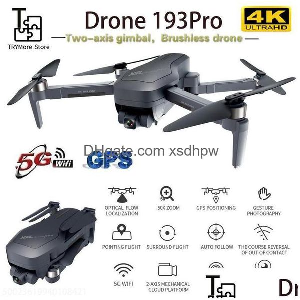 Avion électrique/Rc 193Pro Drone télécommandé de 2000 mètres 4K Hd Fpv Caméra à cardan à deux axes Réglage électrique 90 ° Gps Suivez-moi Dhmb7