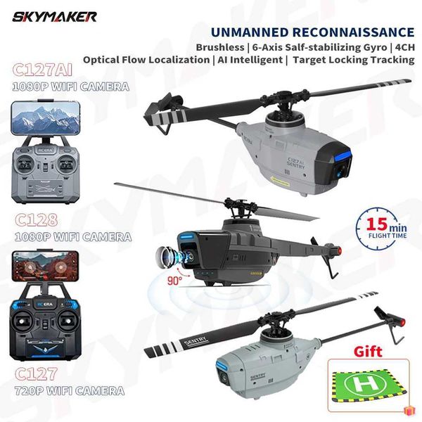 Aircraft électrique / RC C127AI C127 C128 Pro RC Hélicoptère avec caméra FPV WIFI 4CH 6-AXIS GYRO 2.4G REMOTE COMPORME RC HELICOPTER KIDS TOYS FOR BOYS T240422