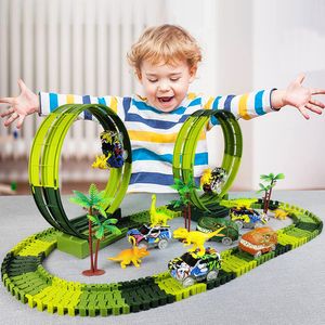 Electric / RC Animals Climbing Dinosaur Track Toy Set 139 PCS Dinosaur World Road Race-Flexible Track Playset Dinosaur Car Toys para niño Regalo 230225