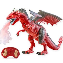 Elektrisch/RC Dieren Elektrisch RC Dinosaurus Speelgoed Spray Fog Fire Dragon Afstandsbediening Dinosaurus Verlichting Geluid Wandelen Diermodel Kinderen Speelgoed Xmas Gift 230625