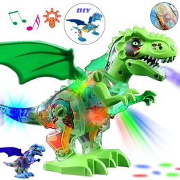 Electric/RC Dieren Elektrische spray Dinosaur Toy Dino Tyrannosaurus Rex Interactive Walking Music Sound Light Animal Diy Montage speelgoed Kinderen Geschenken 221209