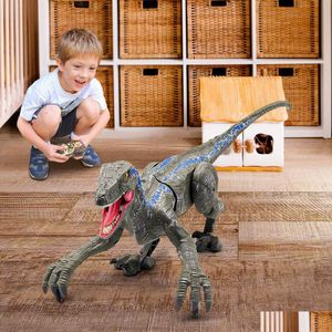 Elektrische/Rc Dieren Afstandsbediening Dier Dinosaurus Speelgoed 3D Ogen Lopende Robot Led Light Up Roaring 2.4Ghz Simatie Velociraptor Rc D Dhibk