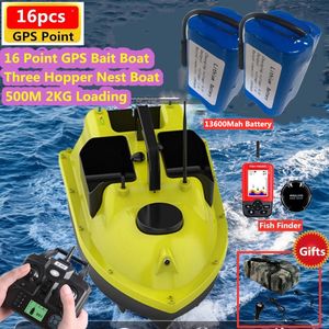 Elektrische/RC-boten 16-punts GPS-aasboot 3 hoppers 500M 2KG belasting GPS Auto Feed Return Visaasboot met Fishfinder RC-viszoekerboot naar 230724