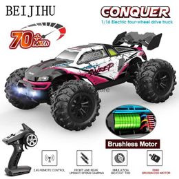 Elektrische/RC -auto 1 16 70 km/u Borstelloze RC -auto met LED -licht 4WD Remote Control Cars High Speed ​​Drift Monster Off Road Truck vs WLToys 144001 TOYL231222