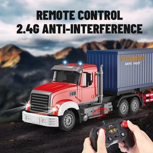 Elektrische RC Auto 1 24 RC Afstandsbediening Container Trailer Transport Drum Truck Met Verlichting En Muziek Jongens Speelgoed voor Kinderen 231013