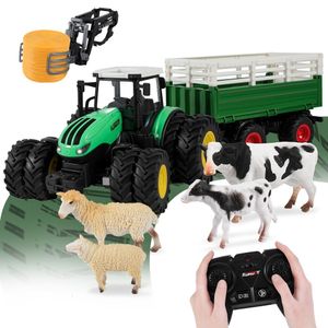 Elektrische/RC-auto 1/24 RC-tractor met LED-licht 8In1 boerderijspeelgoedset 2,4 GHz afstandsbediening auto vrachtwagen landbouwsimulator voor kinderen cadeau 230901