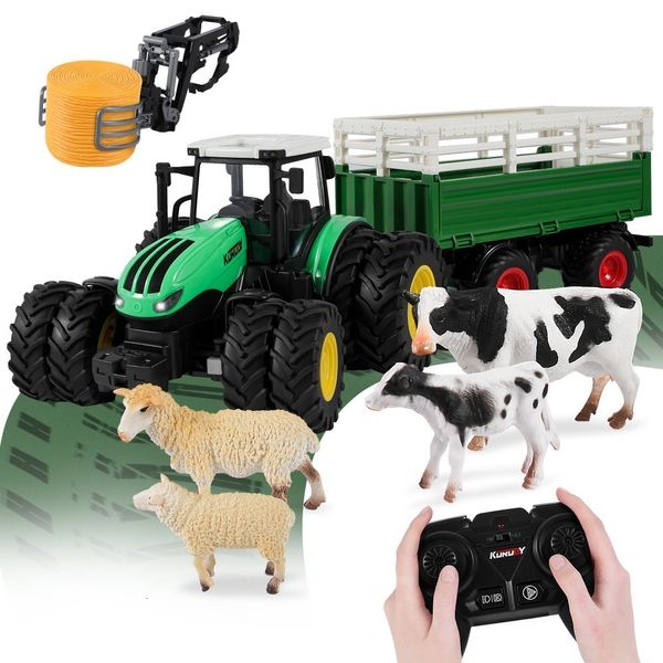 Voiture électrique/RC 1/24 RC tracteur remorque avec lumière LED 8 en 1 ensemble de jouets de ferme 2.4 GHZ télécommande voiture camion simulateur agricole pour enfants cadeau 230901