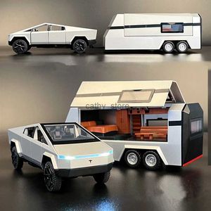 Elektrische/RC Auto 1/32 Tesla Cybertruck Pickup Trailer Legering Automodel Diecasts Metalen Terreinvoertuigen Vrachtwagenmodel Geluid en licht Kinderen Speelgoed GiftL231223