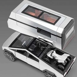 Voiture électrique/RC 1/32 Tesla Pickup Remorque RV Modèle de jouet en alliage moulé sous pression Modèle de camion de simulation avec jouets sonores et lumineux pour enfants Cadeau d'anniversaire L231223
