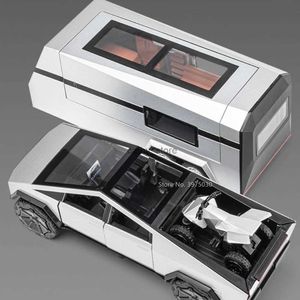 Coche eléctrico/RC 1/32 Tesla Pickup Trailer RV modelo de juguete aleación Diecast modelo de camión de simulación con sonido y luz juguetes para niños regalo de cumpleaños L231223