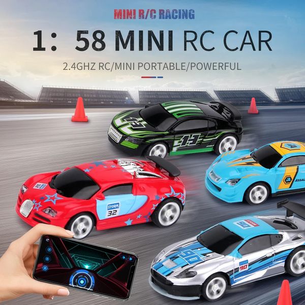 Coche eléctrico / RC 1/58 MINI Can RC Coche con batería Coche de carreras PVC Latas Paquete Máquina Drift-Buggy Bluetooth Radio Control remoto Juguete Kid 231117