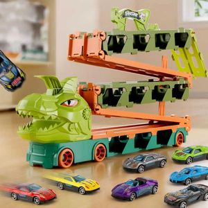 Coche eléctrico/RC Dinosaurio Almacenamiento plegable Coche de carreras Camión transportador Vehículo transformador súper grande Mega Hauler Juguete con 8 mini coches de carreras para niños L231216