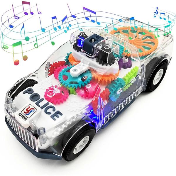 Voiture électrique RC éclairée, engrenages transparents, jouet pour enfants, bosse et Go, garçons et filles, jouets éducatifs pour bébés, effets musicaux LED 231218